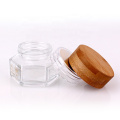 50ml Hexagonal cosmetic glass face cream container with bamboo lid sealing type